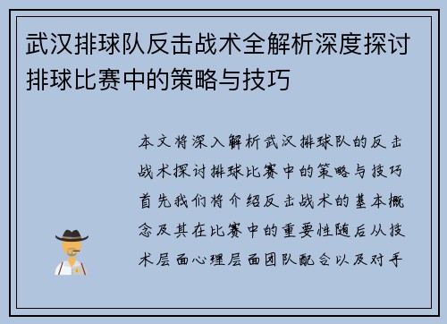 武汉排球队反击战术全解析深度探讨排球比赛中的策略与技巧