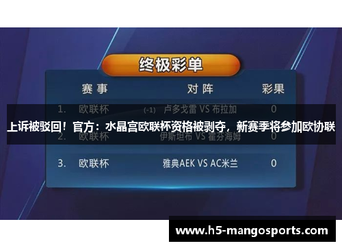 上诉被驳回!官方:水晶宫欧联杯资格被剥夺,新赛季将参加欧协联